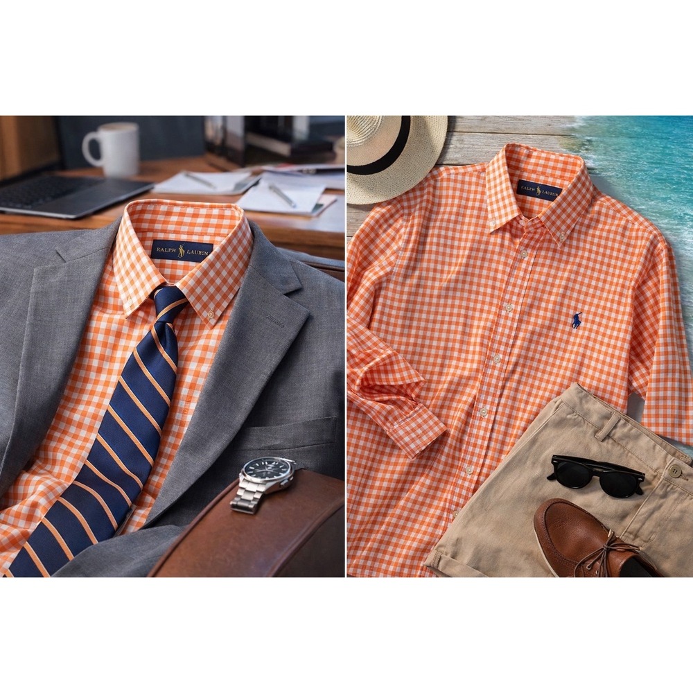 Ralph Lauren Orange Gingham Button Down Preppy Coastal Classic Shirt Sz L
